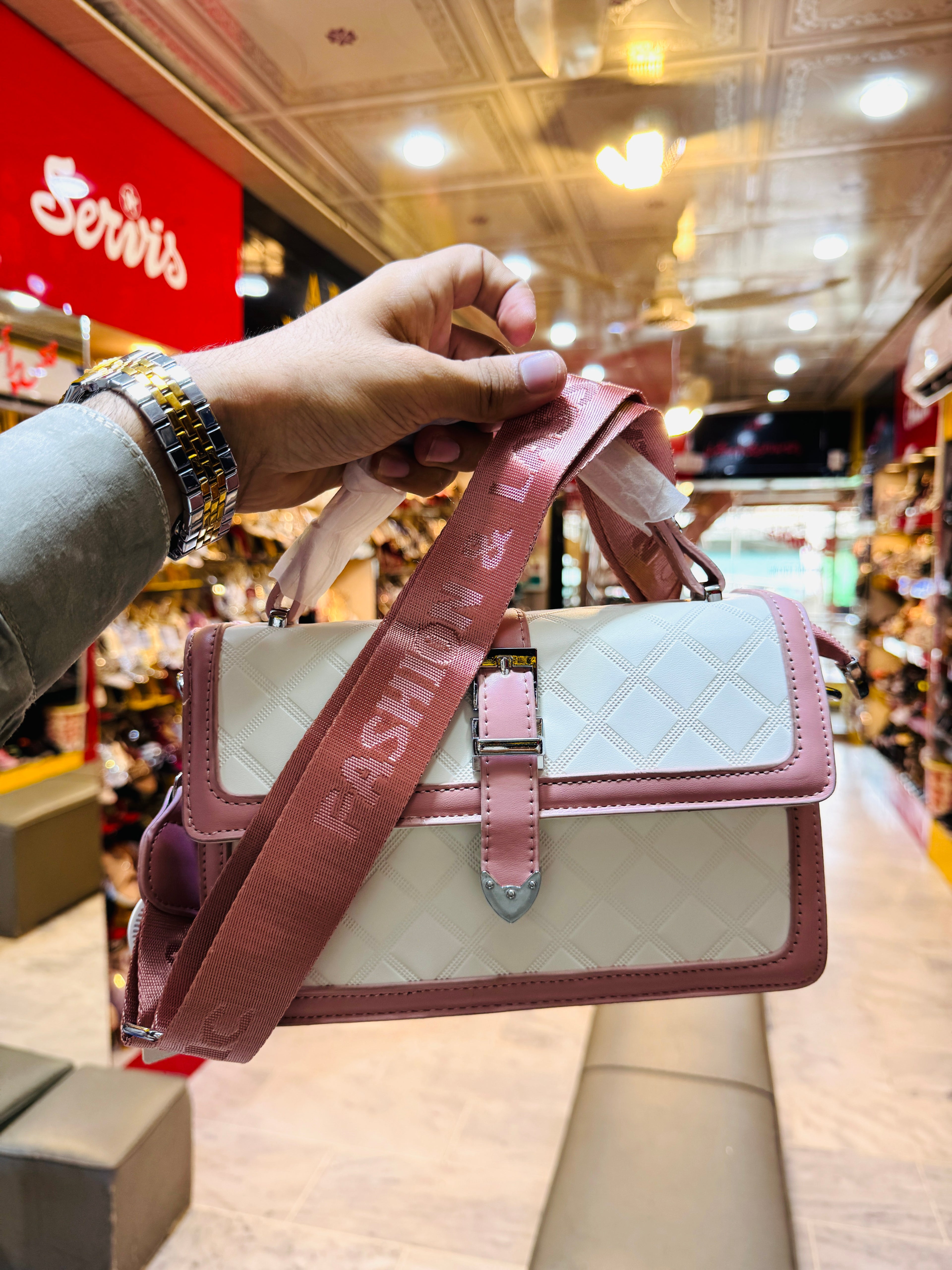 Premium Ladies Bag Quilted Vanity Crossbody Bag – White & Pink