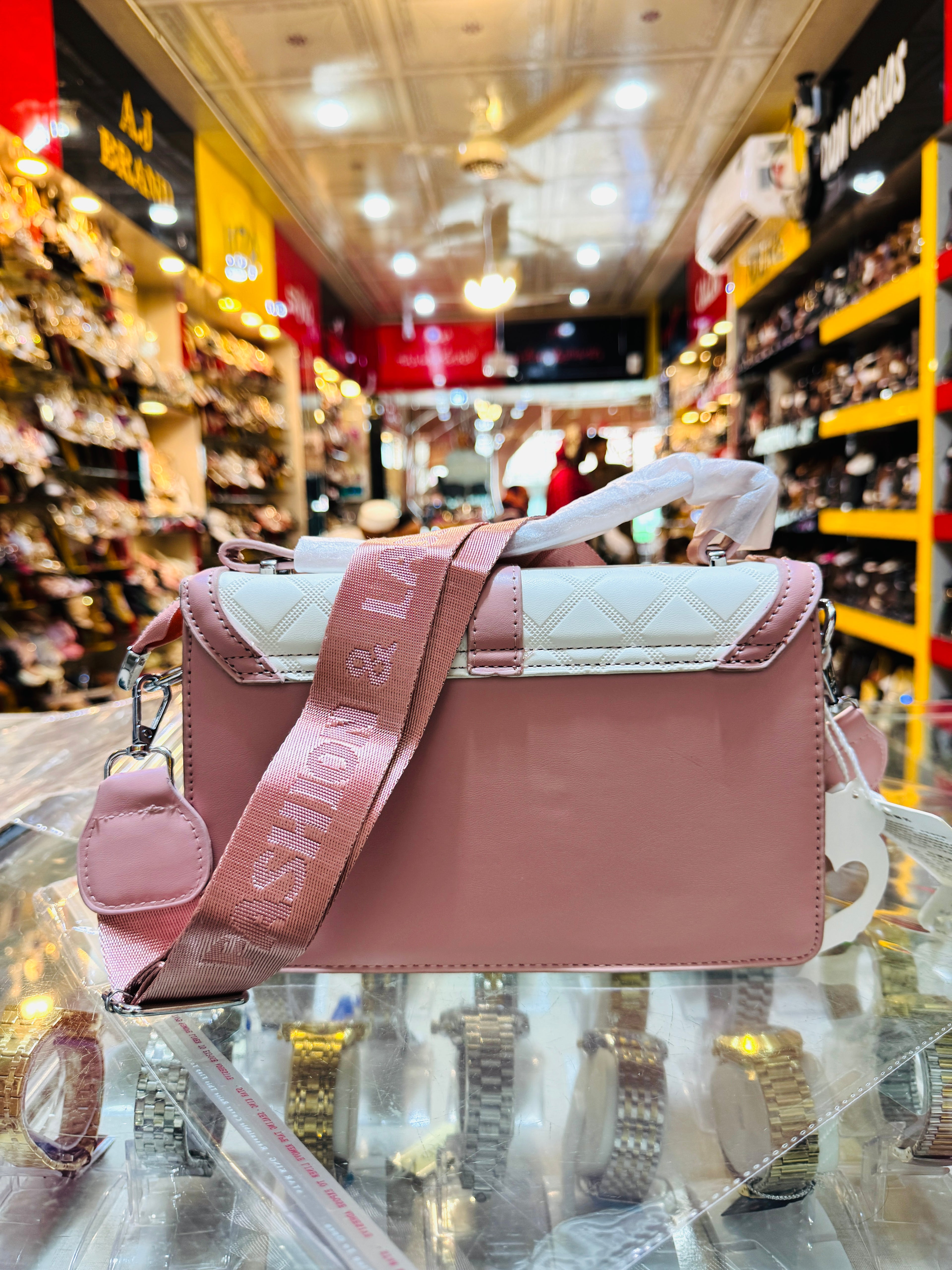 Premium Ladies Bag Quilted Vanity Crossbody Bag – White & Pink