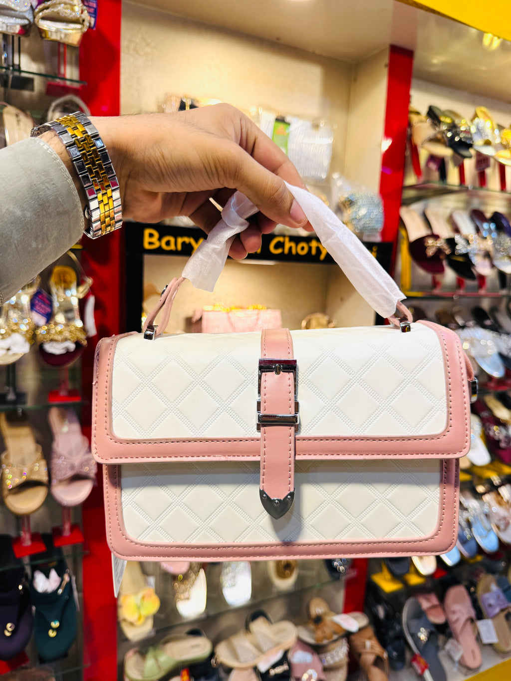 Premium Ladies Bag Quilted Vanity Crossbody Bag – White & Pink