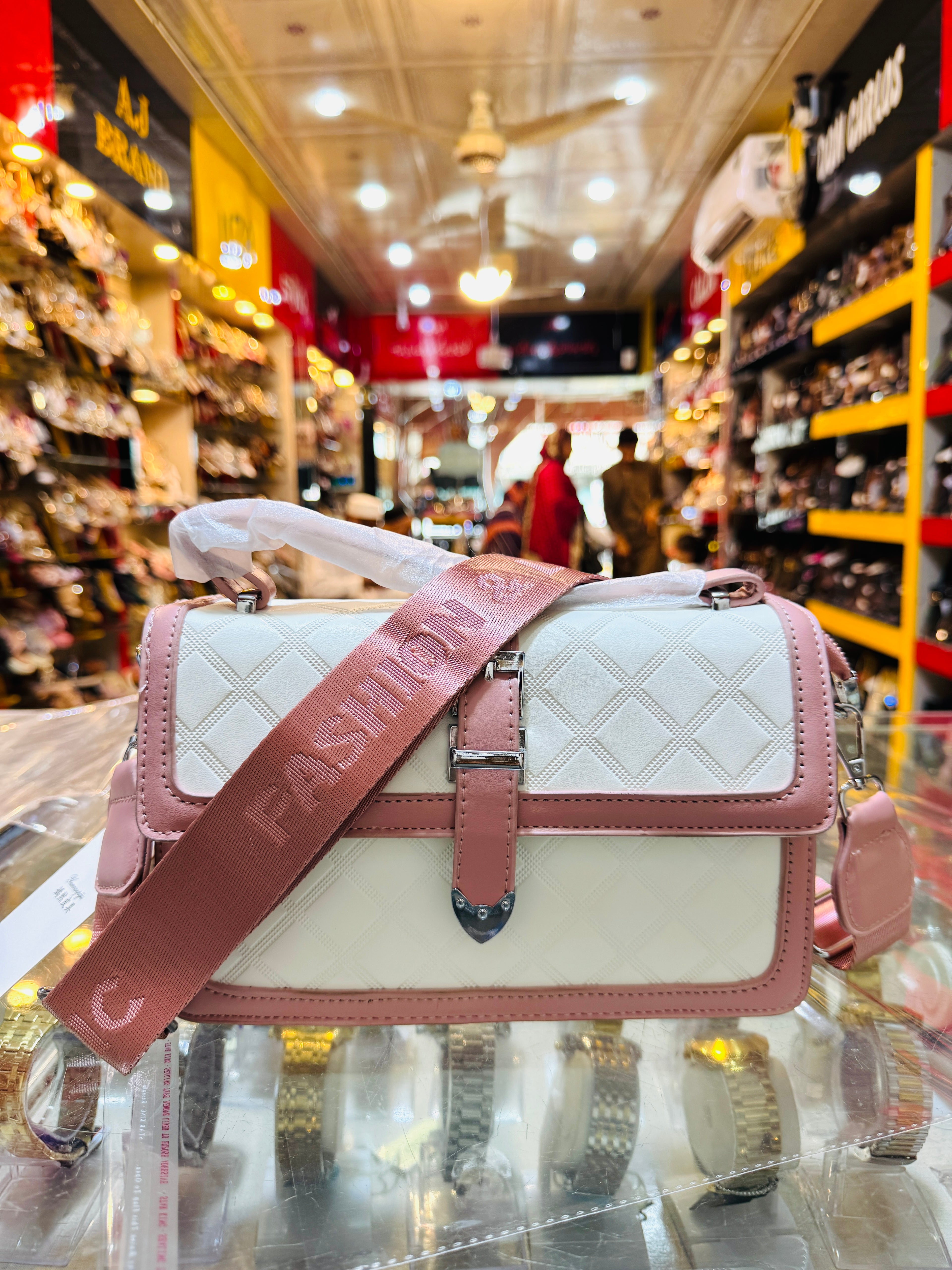 Premium Ladies Bag Quilted Vanity Crossbody Bag – White & Pink