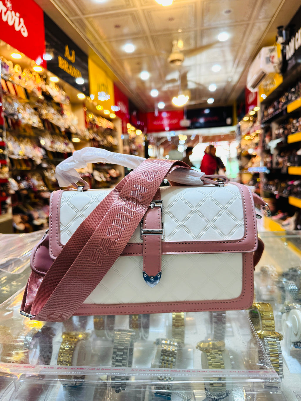 Premium Ladies Bag Quilted Vanity Crossbody Bag – White & Pink
