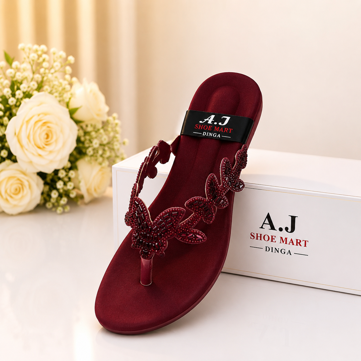 ✨ Elegant Maroon Butterfly Ladies Flat Chappal